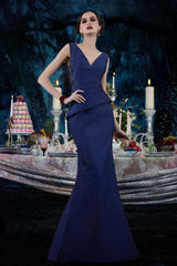 Janique Gilt-Accented Jacquard Peplum Mermaid Gown