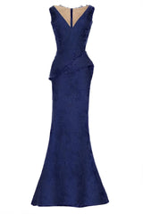Janique Gilt-Accented Jacquard Peplum Mermaid Gown