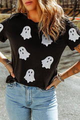 Glitter Ghost Pattern Crew Neck Halloween Graphic Shirt