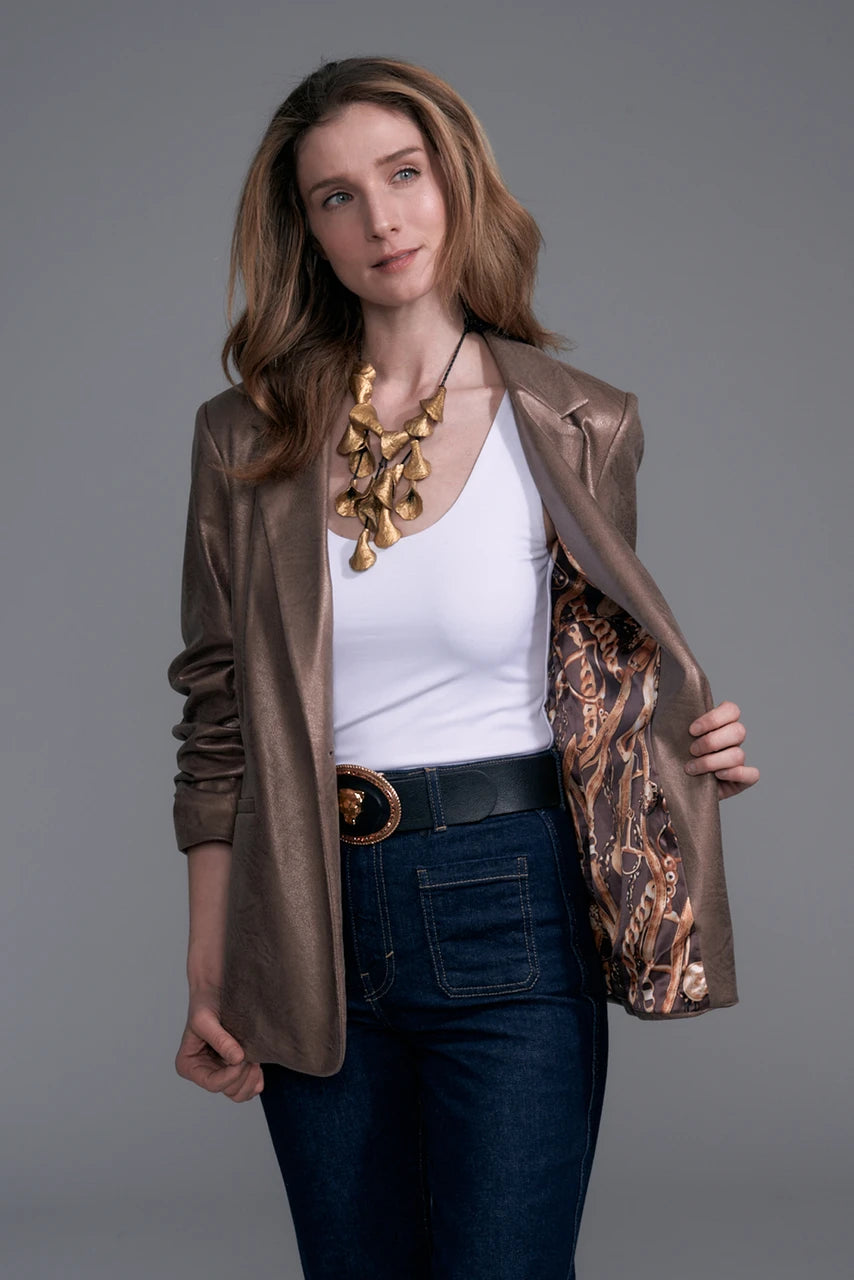Scrunch Sleeve Vegan Leather Blazer