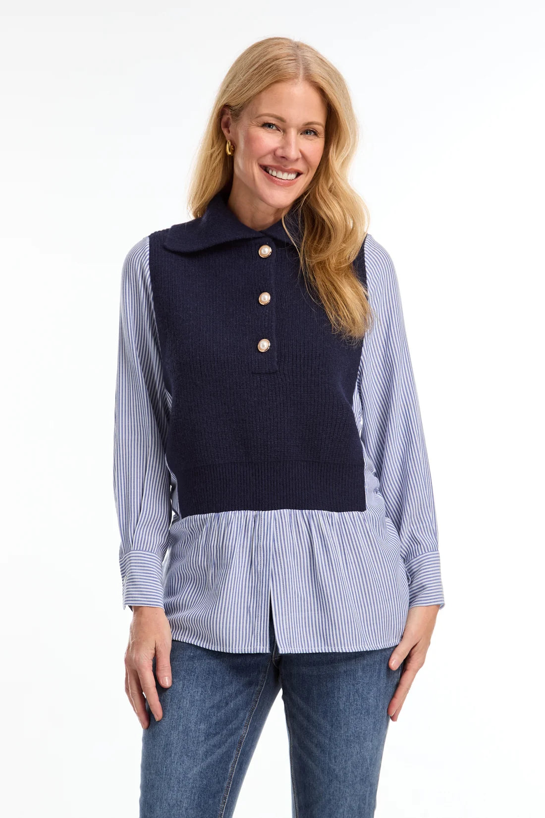 Mixed-Media Sweater, Navy & White