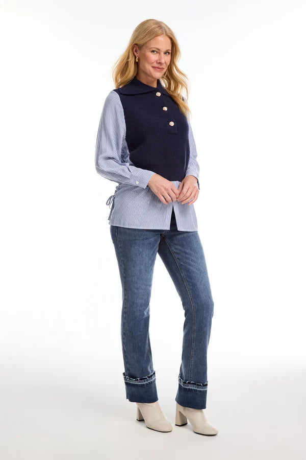 Mixed-Media Sweater, Navy & White