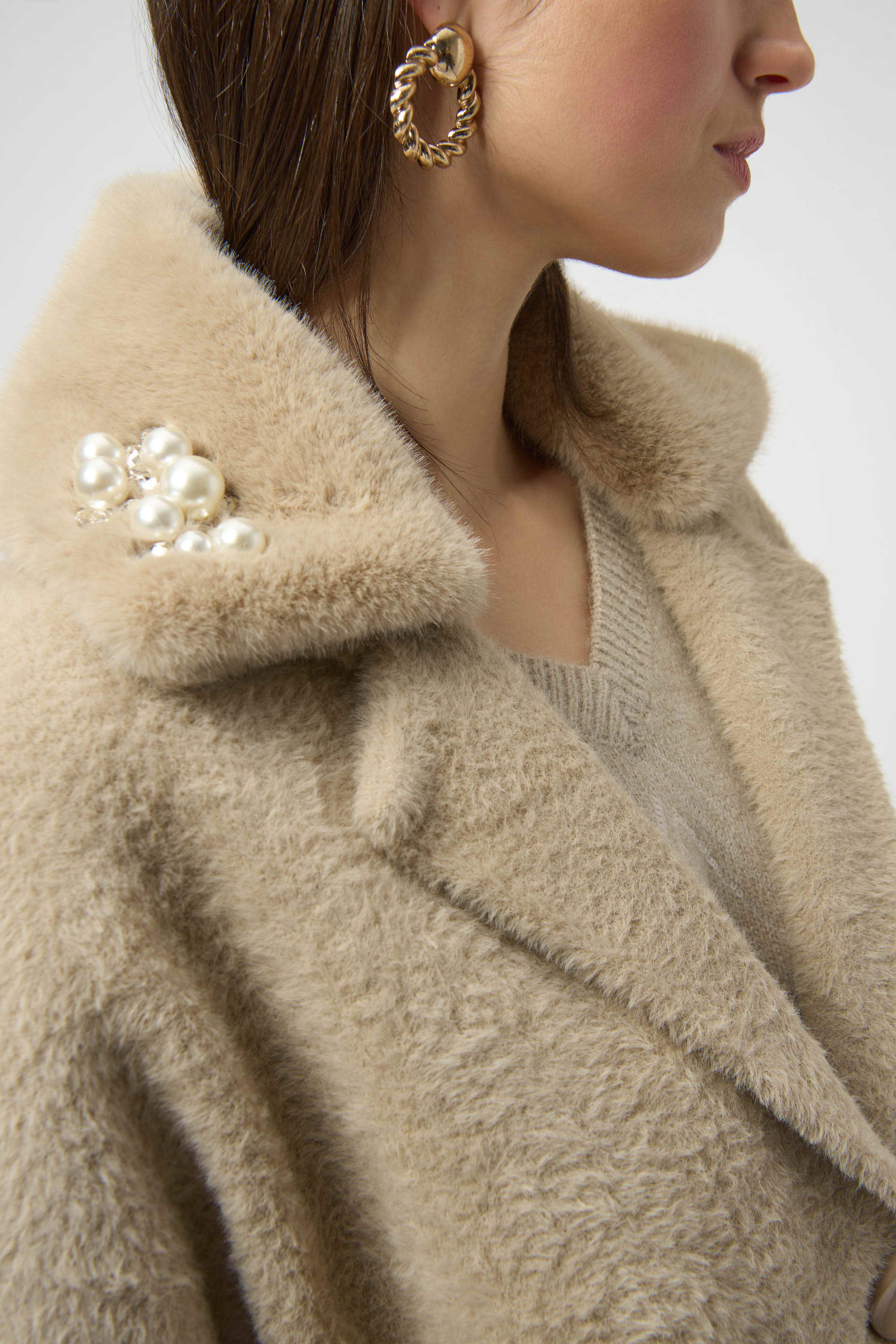 Joseph Ribkoff Feather Yarn and Faux Fur Sweater Coat