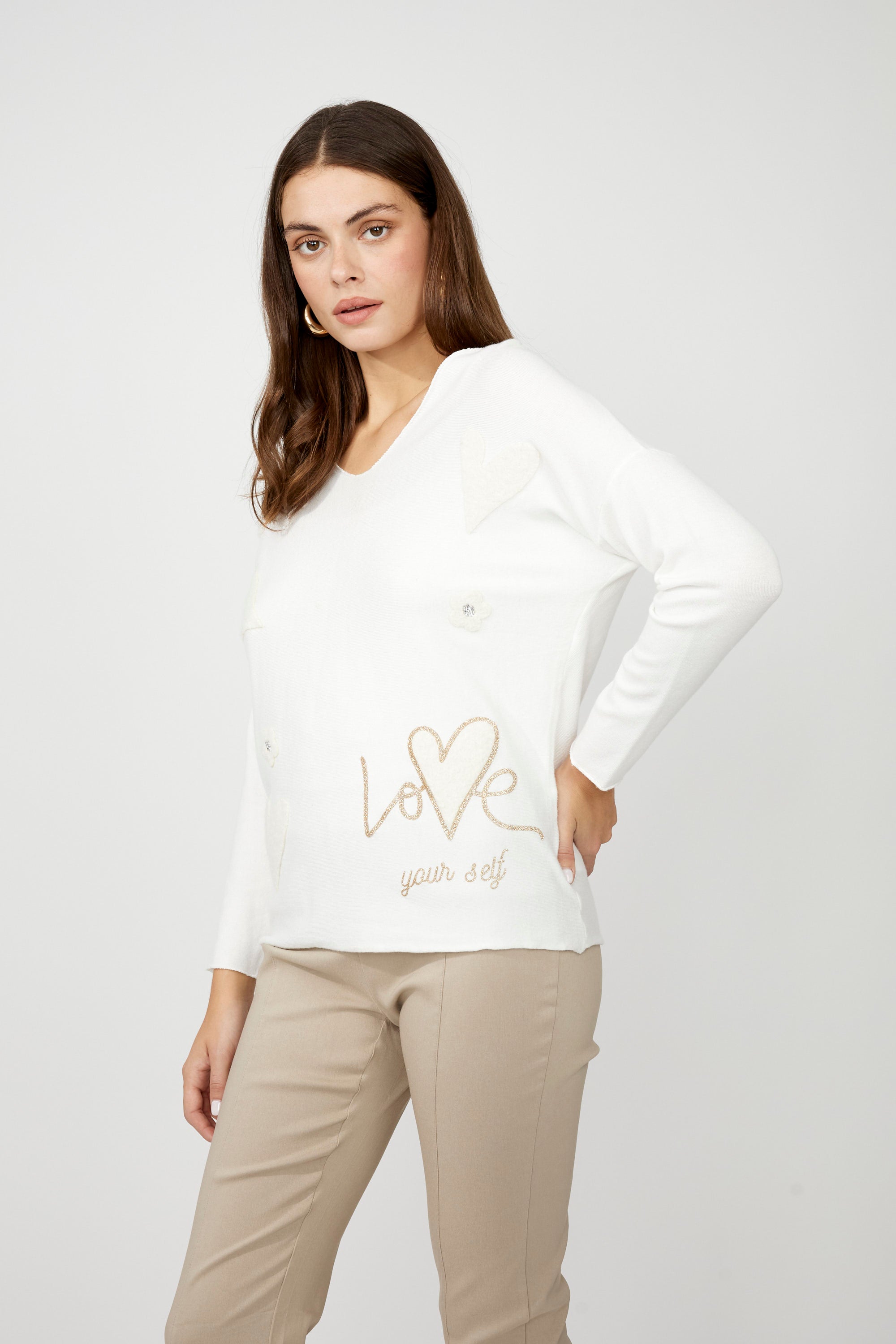 Frank Lyman V-neck Jewel Heart Embellished Pullover