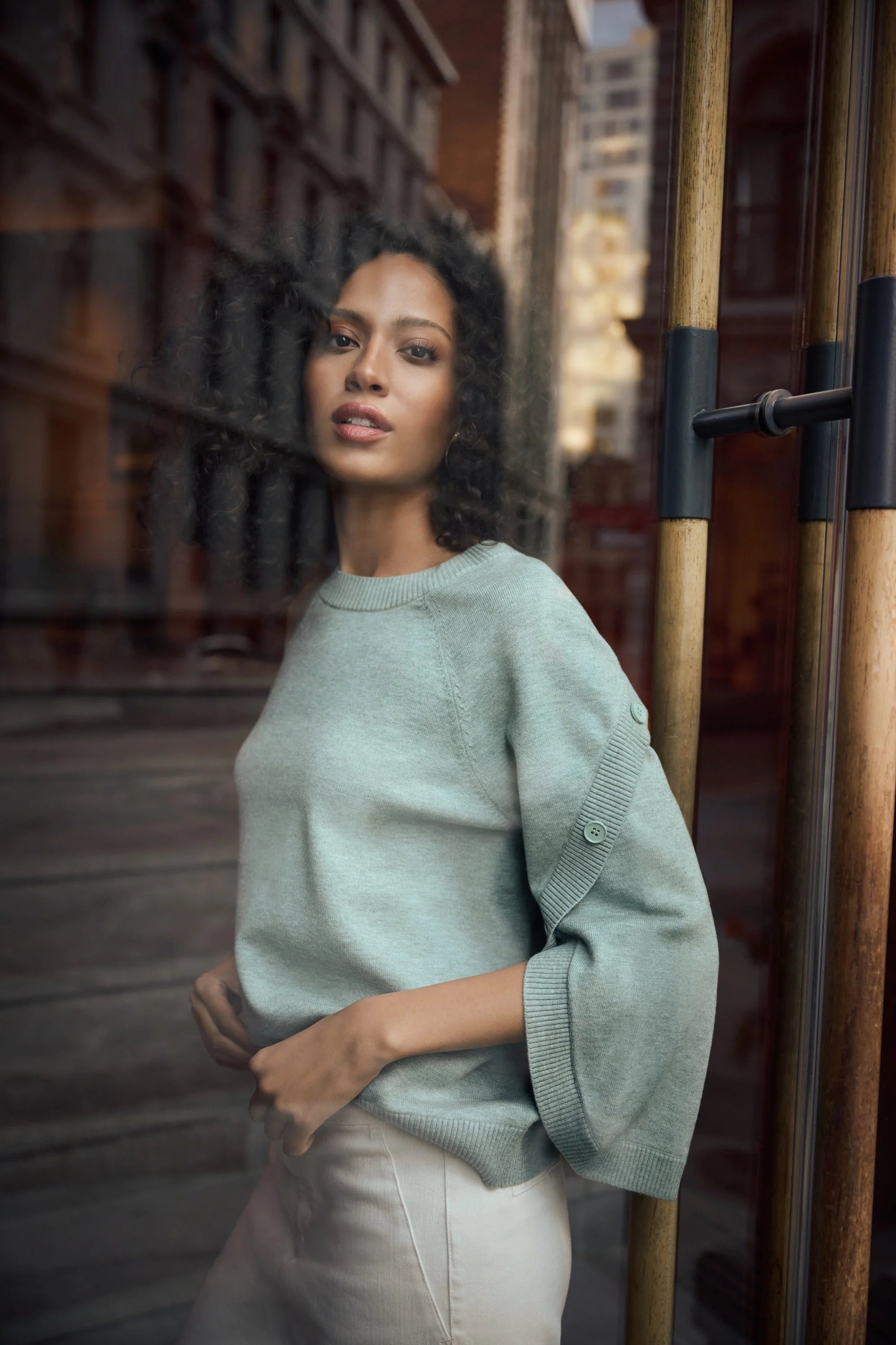 Button Tulip Sleeve Sweater