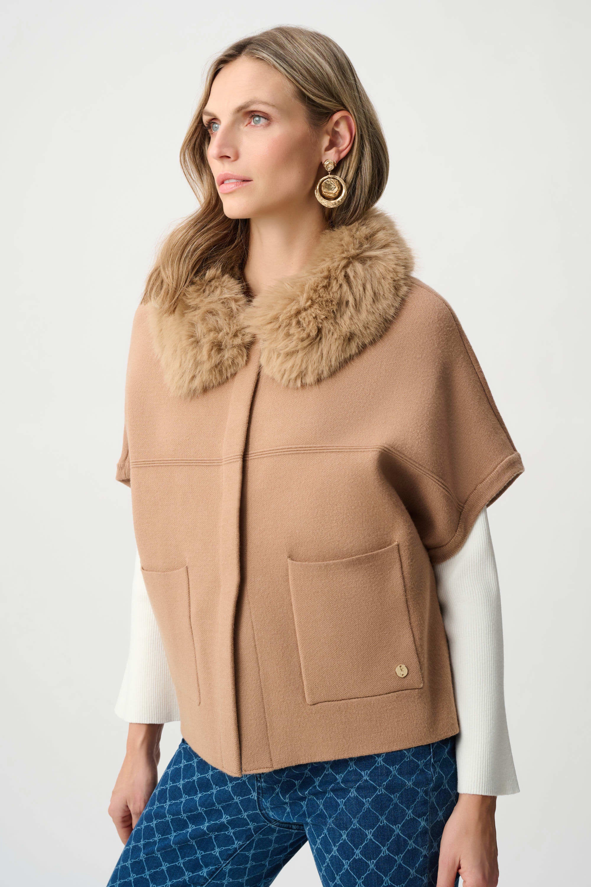 Sweater Knit Jacket With Detachable Faux Fur Collar