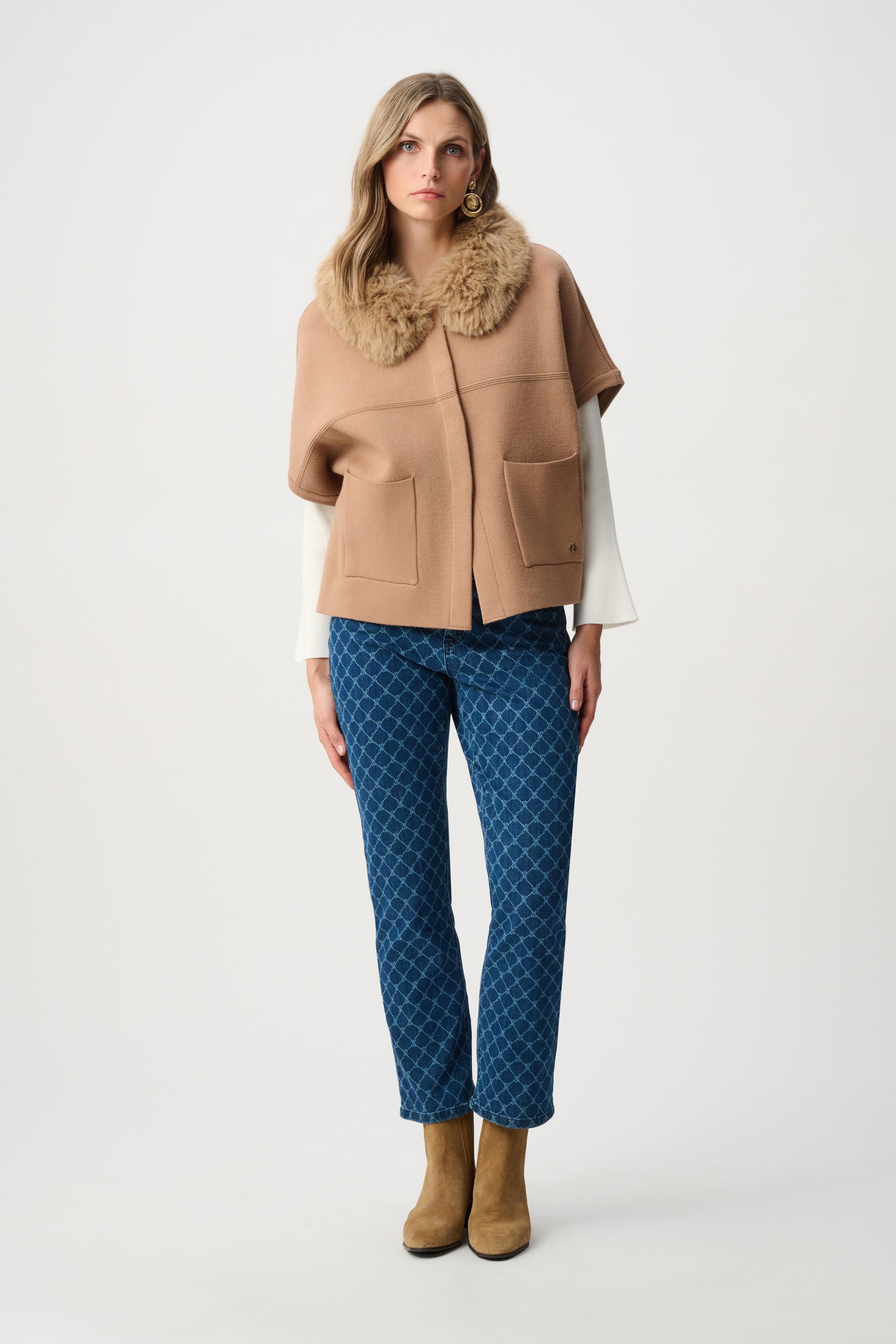 Sweater Knit Jacket With Detachable Faux Fur Collar