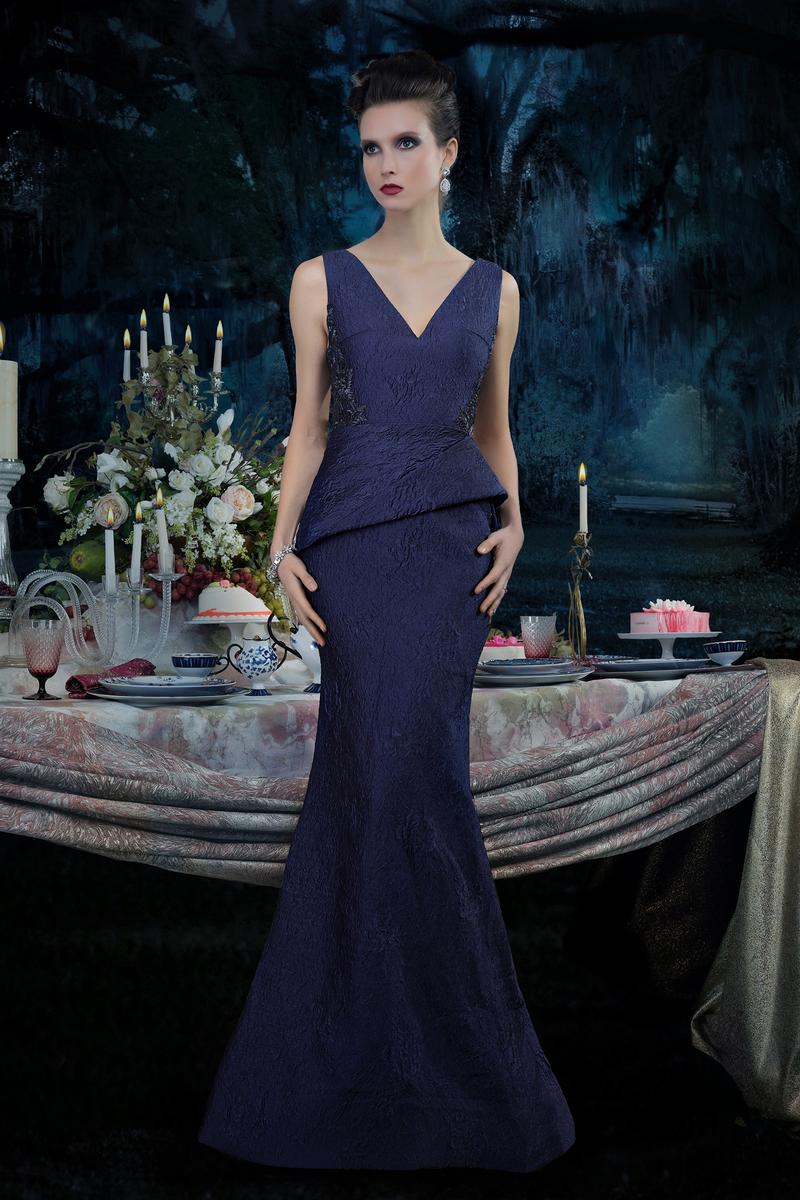 Janique Gilt-Accented Jacquard Peplum Mermaid Gown