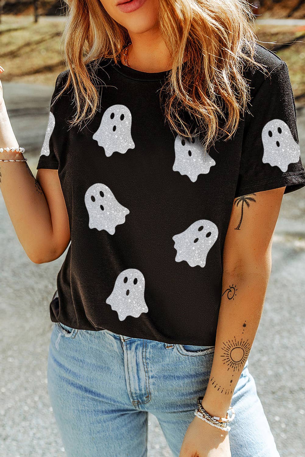 Glitter Ghost Pattern Crew Neck Halloween Graphic Shirt