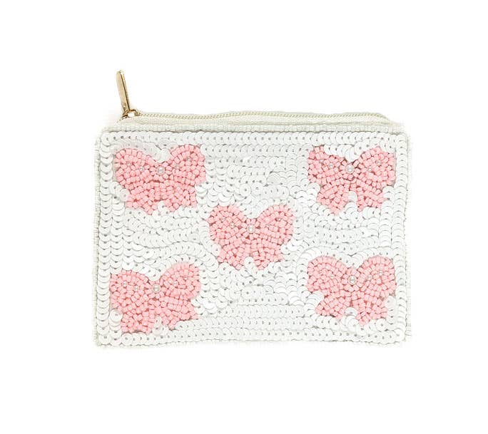 Ladies Pink Bows Fully Beaded Coin Purse 