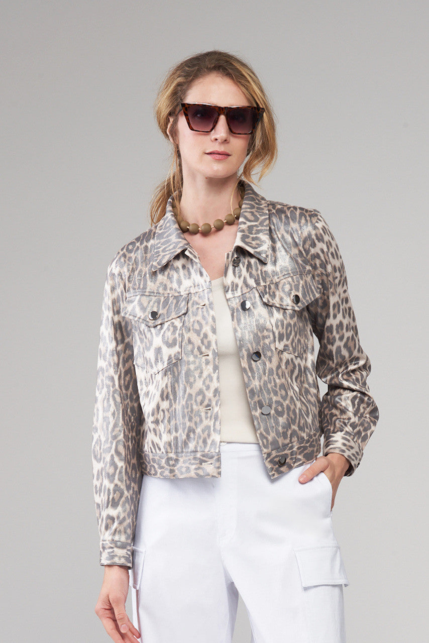 Insight Cropped Printed  Cheetah Jean Jacket