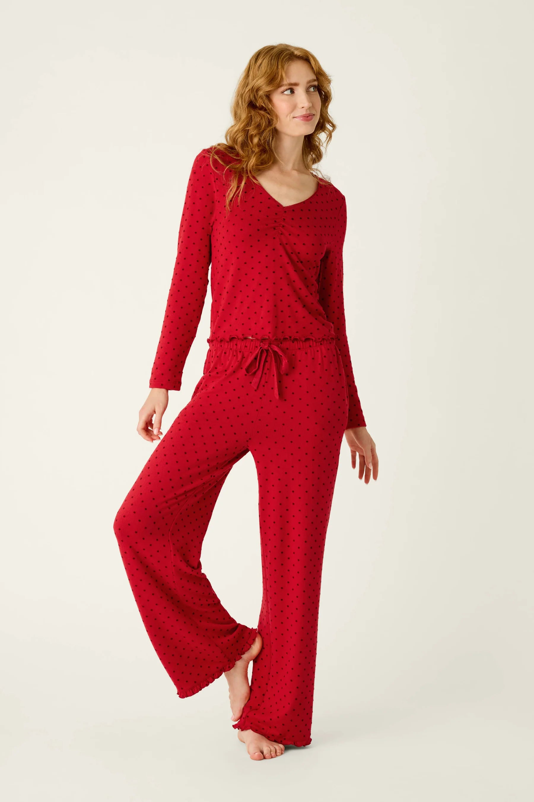 Femme de Noel Tonal Dot Long Sleeve V-Neck Top