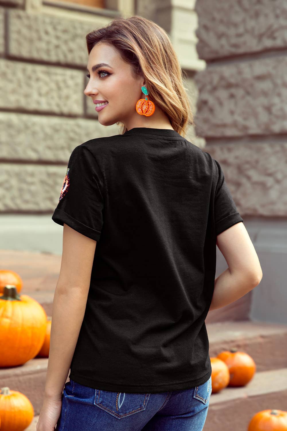 Glitter Ghost Pattern Crew Neck Halloween T Shirt