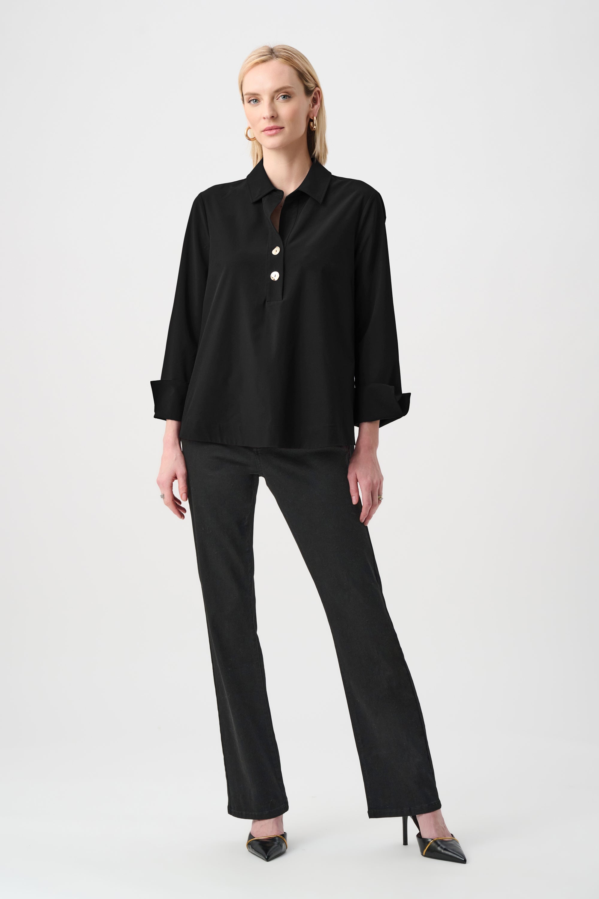Stretch Poplin Shirt-Collar Boxy Top