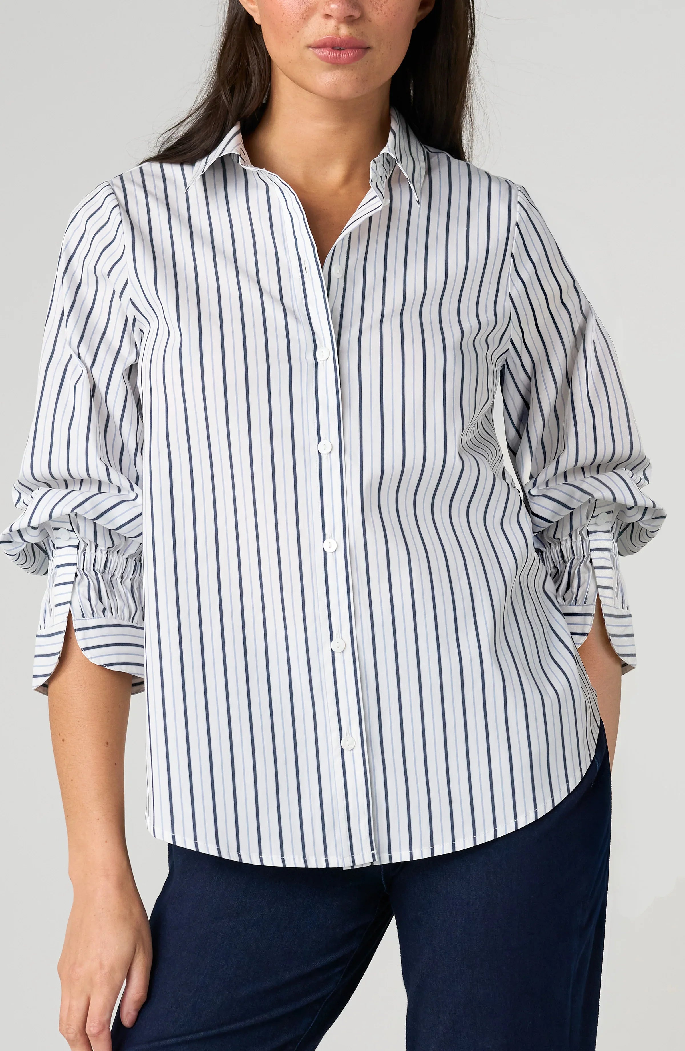 Adjustable Sleeve Button Front Woven Top